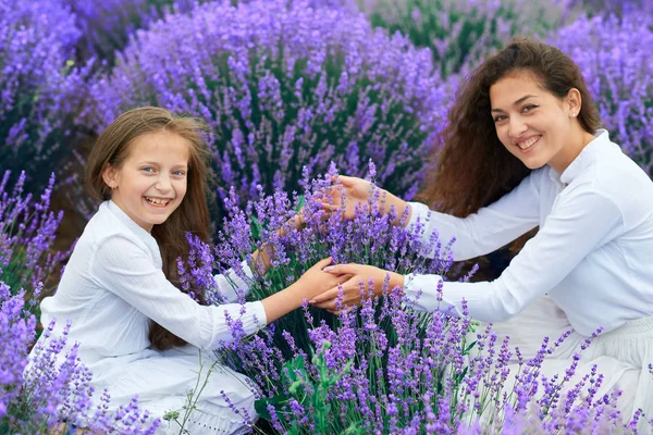 Dívky jsou v levandulových květinových polích, nádherná letní krajina — Stock fotografie