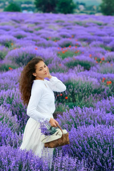 Fiatal nő van a levendula virág mező, gyönyörű nyári táj — Stock Fotó