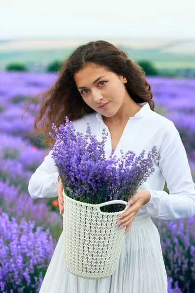 Young woman is in the lavender flower field, beautiful summer landscape — Stock Photo, Image