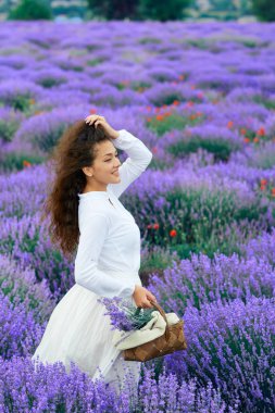 Genç kadın lavanta çiçek alanında, güzel yaz manzara