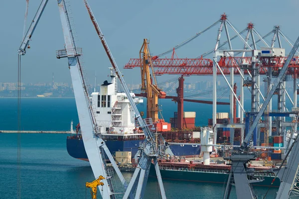 Industrial port, infrastructure of seaport, cranes and dry cargo ships — Stock Photo, Image