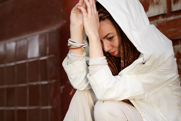 Dreadlocks fashionable girl portrait, dressed in white — Stock Photo, Image