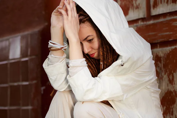 Dreadlocks fashionable girl portrait, dressed in white — Stock Photo, Image
