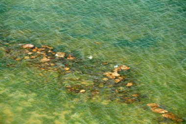 Vahşi deniz kıyısı, dalga ve tepe-güzel yaz manzara ve seyahat konsepti, bulutlar ile parlak gün ve gökyüzü