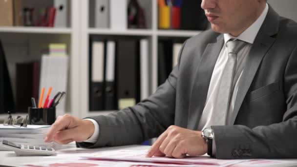 Homme Affaires Travaillant Calculant Lit Écrit Des Rapports Employé Bureau — Video