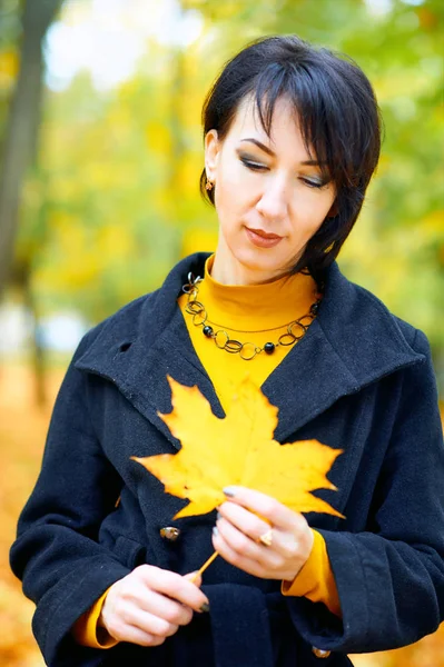 Beautiful woman posing with yellow leaves in autumn city park, fall season — Stock Photo, Image