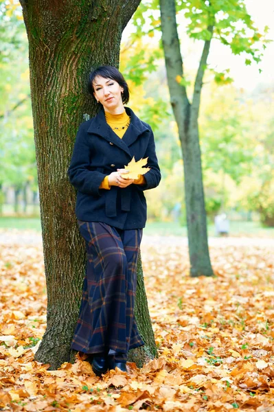 Beautiful woman posing with yellow leaves in autumn city park, fall season — Stock Photo, Image