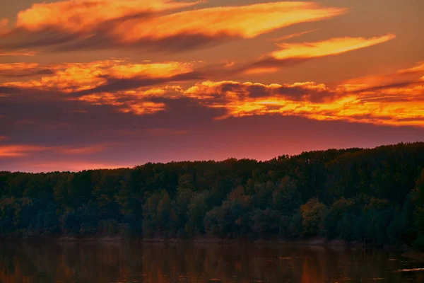 Schöner Sonnenuntergang im Herbst - Baumsilhouette in der Nähe eines Flusses, helles Sonnenlicht — Stockfoto