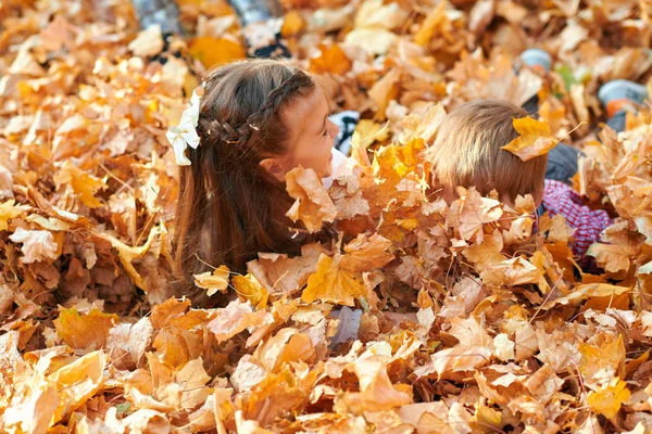 Mutlu çocuklar oynarken, poz, gülümsüyor ve sonbahar şehir parkında eğleniyor. Parlak sarı ağaçlar ve yapraklar