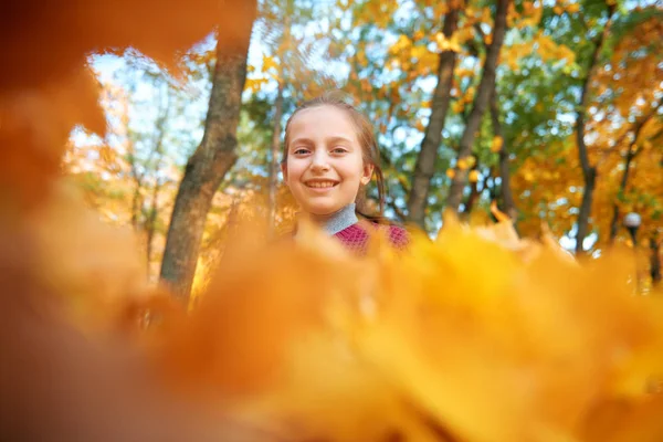 Šťastná dětská dívka hraje a dívá se přes žluté listy v podzimním městském parku. Světlé žluté stromy a listy — Stock fotografie