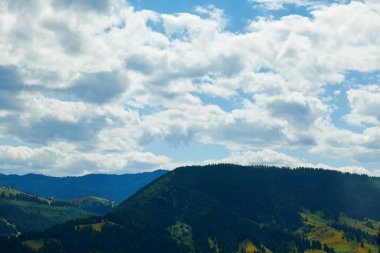 Güzel yaz manzara - ladin ile tepelerde kırsal, parlak güneşli bir günde bulutlu gökyüzü. Ahşap evleri olan bir köy. Karpat dağları. Ukrayna. Avrupa. Seyahat arka planı.