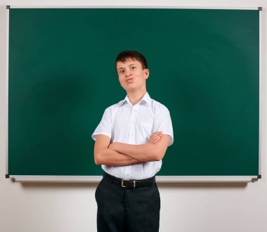 Bir okul çocuğunun tahta arka planda poz portresi - geri 
