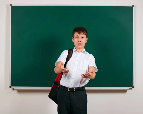 Portrait of a school boy posing with backpack on blackboard background - back to school and education concept — Stock Photo, Image