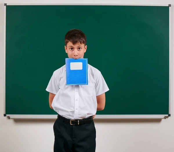 Porträt eines Schuljungen, der mit blauem Schulheft auf Tafel-Hintergrund posiert - zurück zu Schule und Bildungskonzept — Stockfoto