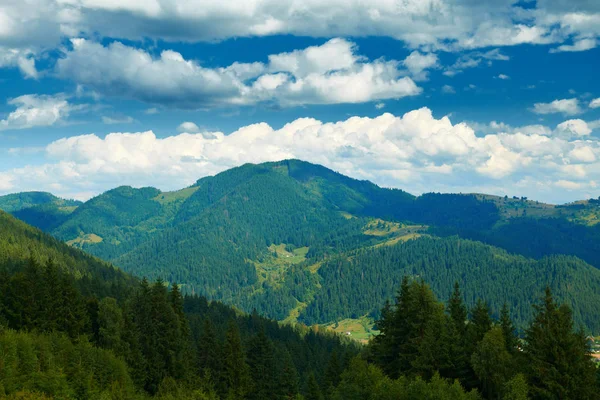 Abóboras em colinas - bela paisagem de verão, céu nublado em dia ensolarado brilhante. Montanhas Cárpatas. Ucrânia. A Europa. Fundo de viagem . — Fotografia de Stock