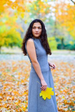 şehir parkında sonbahar yaprakları ile poz kadın, açık portre