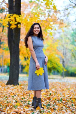 şehir parkında sonbahar yaprakları ile poz kadın, açık portre