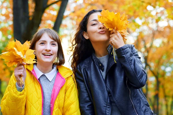 Mujer divirtiéndose con hojas de otoño en el parque de la ciudad, retrato al aire libre —  Fotos de Stock