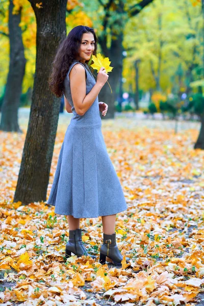 Mulher posando com folhas de outono no parque da cidade, retrato ao ar livre — Fotografia de Stock