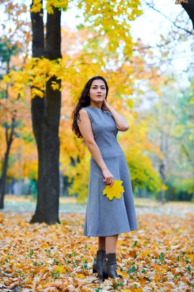 Женщина позирует с осенними листьями в городском парке, портрет на открытом воздухе — стоковое фото