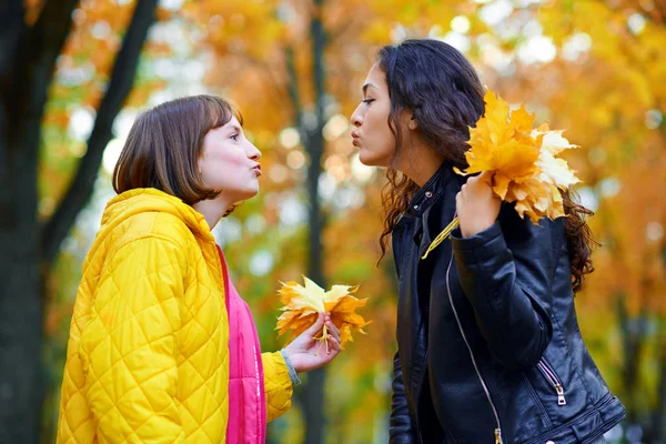 女人做空气吻和有乐趣与秋叶在城市公园，户外肖像 — 图库照片