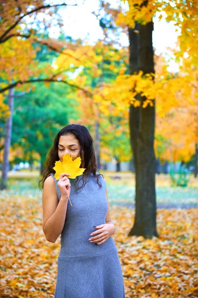 Frau posiert mit Herbstblättern im Stadtpark, Außenporträt — Stockfoto