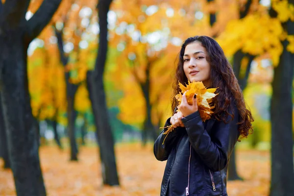 Woman posing with autumn leaves in city park, outdoor portrait — Stock Photo, Image