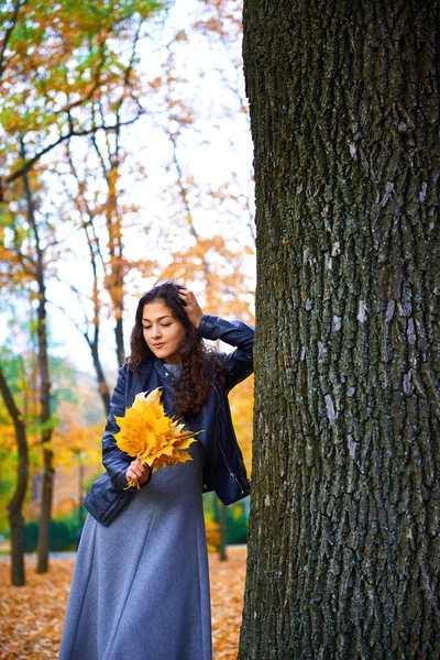 Женщина позирует с осенними листьями в городском парке, портрет на открытом воздухе — стоковое фото