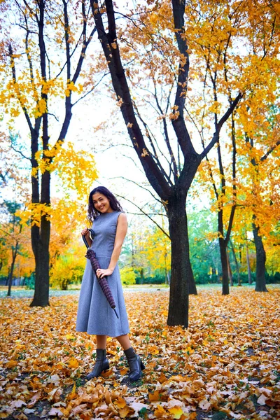 Mulher posando com guarda-chuva e folhas de outono no parque da cidade, retrato ao ar livre — Fotografia de Stock