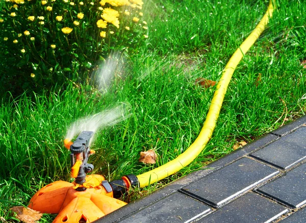 Spruzzatore testa di irrigazione automatica il cespuglio, erba e prato. Spruzzare acqua sull'erba verde. Sistema di irrigazione — Foto Stock