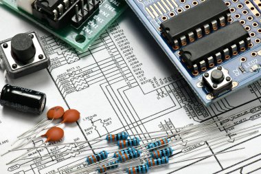 Elektronik bileşenlerin kapatılması, basılı devre kartı, birim, bölüm, devre şeması, bilgisayar ekipmanları ve dijital mikroçip - elektrik devrelerinin öğrenimi, eğitimi ve geliştirilmesi için Diy kit