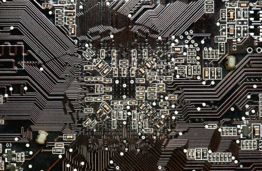 basılı devre kartı ve mikroçip, ya da Cpu kapanışı - dijital ekipman için elektronik bileşen, elektrik bilgisayar devrelerinin geliştirilmesi konsepti