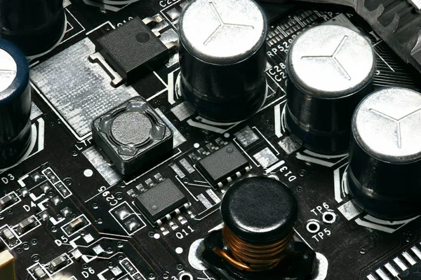 printed circuit board and microchip, or cpu closeup - electronic component for digital equipment, concept for development of electric computer circuits