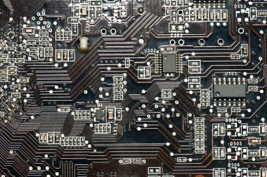 basılı devre kartı ve mikroçip, ya da Cpu kapanışı - dijital ekipman için elektronik bileşen, elektrik bilgisayar devrelerinin geliştirilmesi konsepti