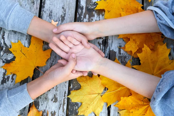 Sonbahar Elleri Ahşap zemin üzerinde Yapraklar