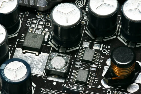 printed circuit board and microchip, or cpu closeup - electronic component for digital equipment, concept for development of electric computer circuits