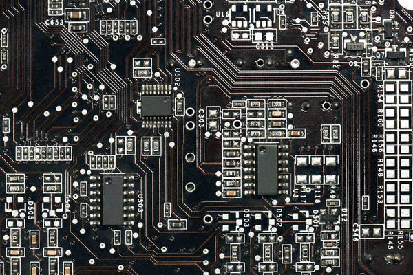 Tryckt kretskort och mikrochip, eller cpu närbild - elektronisk komponent för digital utrustning, koncept för utveckling av elektriska datorkretsar — Stockfoto
