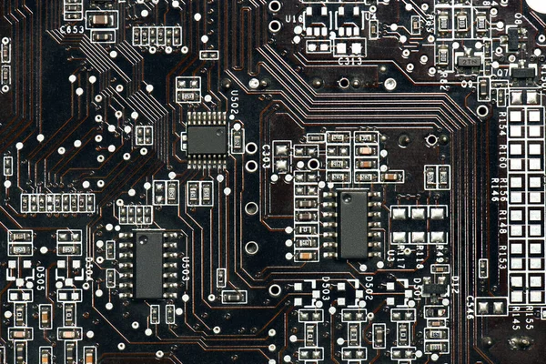 basılı devre kartı ve mikroçip, ya da Cpu kapanışı - dijital ekipman için elektronik bileşen, elektrik bilgisayar devrelerinin geliştirilmesi konsepti