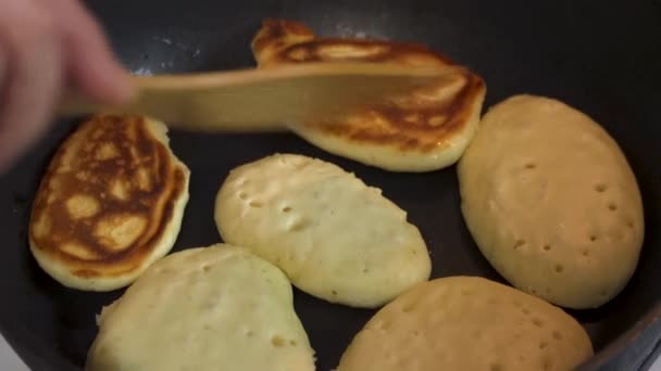 Cooking Pancakes Home Kitchen Dough Hot Pan Stove — Stock Video