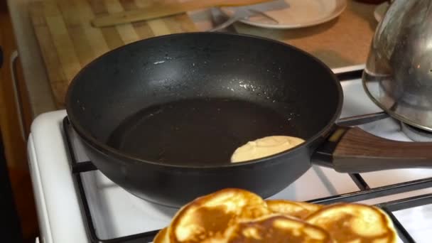 Cooking Pancakes Home Kitchen Dough Hot Pan Stove — Stock Video