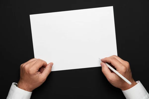 Blank Sheet Paper Businessman Hands Black Table White Shirt Wrist — Stock Photo, Image