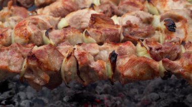 Yakın plan barbekü, ateşte kızartılmış et, salamura edilmiş şiş kebap, lezzetli yemekler.
