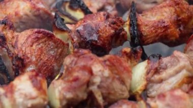 Yakın plan barbekü, ateşte kızartılmış et, salamura edilmiş şiş kebap, lezzetli yemekler.