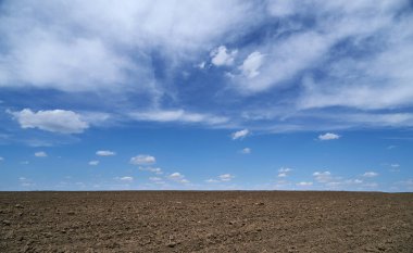 Pürüzsüz tarlalar, toprak ve bulutlar parlak güneşli bir günün - tarım kavramı