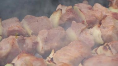Yakın plan barbekü, ateşte kızartılmış et, salamura edilmiş şiş kebap, lezzetli yemekler.