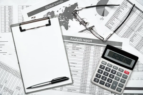 Top View Analyzing Black Office Desk Notebook Pencil Financial Statements — Stock Photo, Image