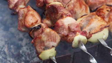 Yakın plan barbekü, ateşte kızartılmış et, salamura edilmiş şiş kebap, lezzetli yemekler.