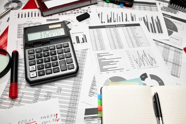 Top View Office Worker Desk Work Financial Reports Analysis Accounting — Stock Photo, Image