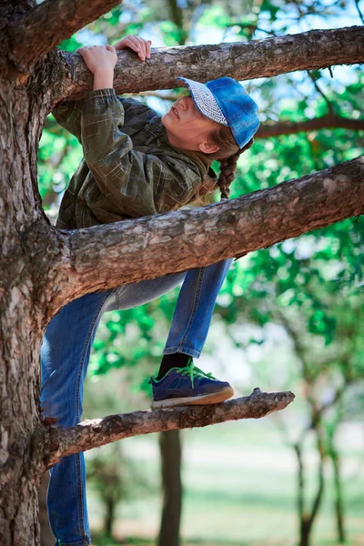 Mädchen Spielen Freien Klettern Auf Einen Baum Helles Sonnenlicht Schöner — Stockfoto