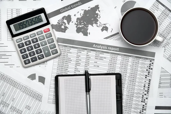 Top View Modern Black Office Desk Notebook Pencil Financial Statements — Stock Photo, Image